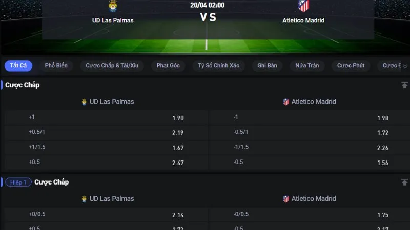 Bảng tỷ lệ kèo trận Las Palmas vs Atletico Madrid